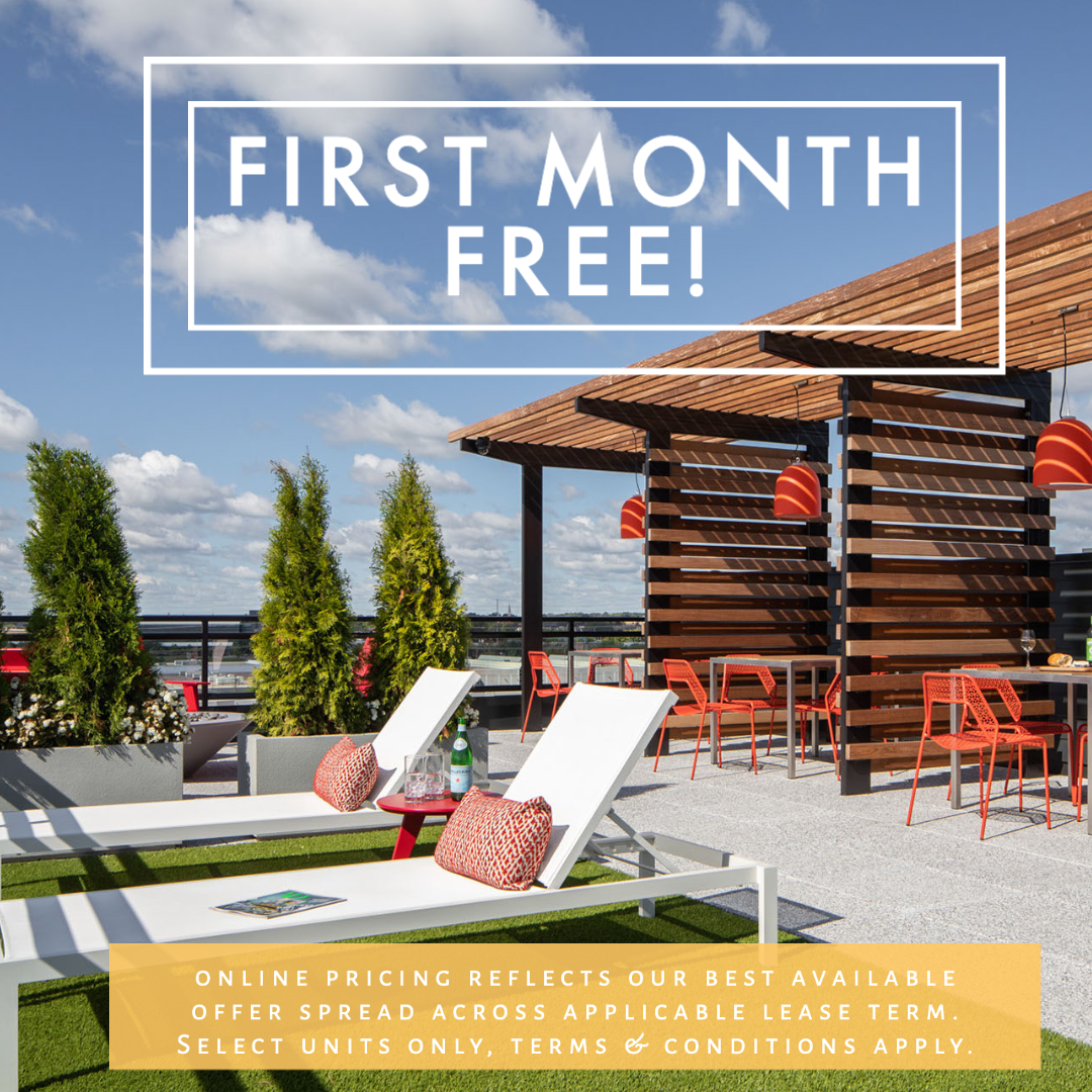 FIRST MONTH FREE! Online pricing reflects best available offer spread across applicable lease term | New residents and select units only. Terms & conditions apply - inquire for more details!