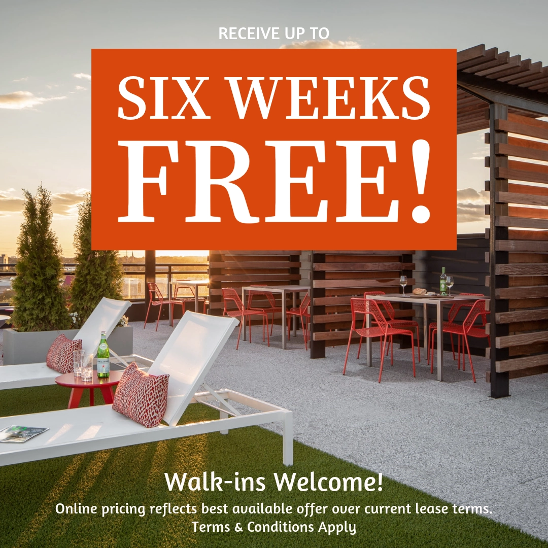 Receive up to Six Weeks Free!* Walk-ins Welcome! Online pricing reflects best available offer over current lease terms. *Terms & Conditions Apply.